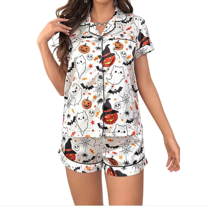 Women Halloween Satin Pajama Set Ghost Pumpkin Print Short Sleeve Button Closure Top with Shorts 2 Pieces Sleepwear Loungewear