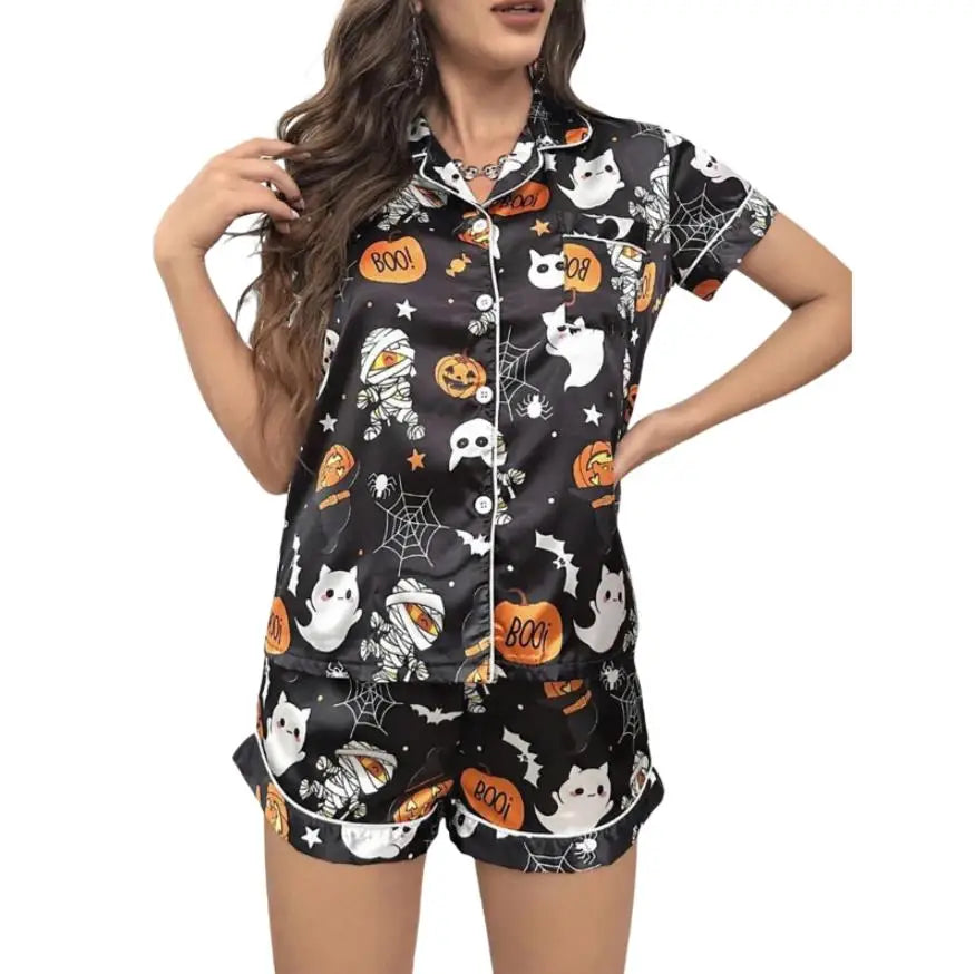 Women Halloween Satin Pajama Set Ghost Pumpkin Print Short Sleeve Button Closure Top with Shorts 2 Pieces Sleepwear Loungewear