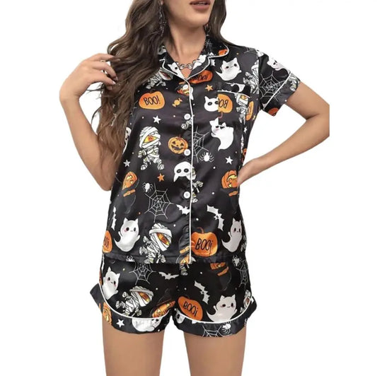 Women Halloween Satin Pajama Set Ghost Pumpkin Print Short Sleeve Button Closure Top with Shorts 2 Pieces Sleepwear Loungewear