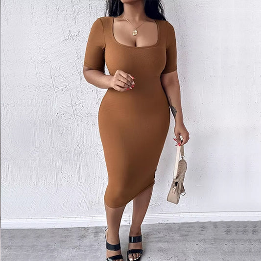 Women'S Dress Sexy Elegant Party Evening Dress Work Solid Color Built-In Shapewear Short Sleeve Square Neck Bodycon Midi Dress