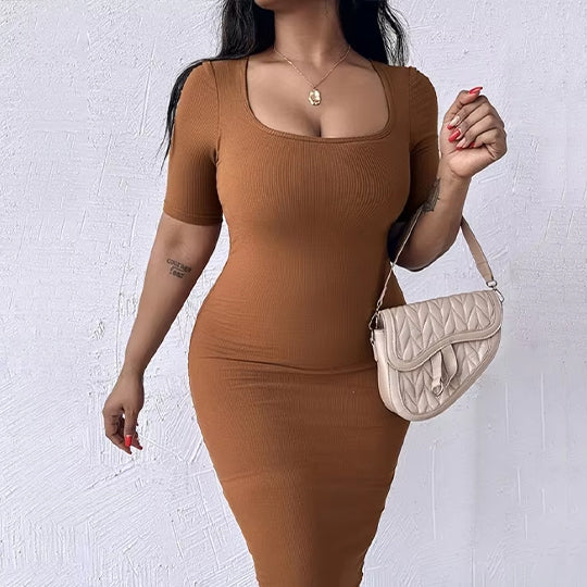 Women'S Dress Sexy Elegant Party Evening Dress Work Solid Color Built-In Shapewear Short Sleeve Square Neck Bodycon Midi Dress