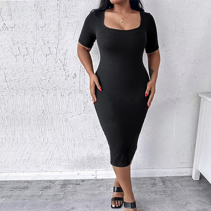 Women'S Dress Sexy Elegant Party Evening Dress Work Solid Color Built-In Shapewear Short Sleeve Square Neck Bodycon Midi Dress