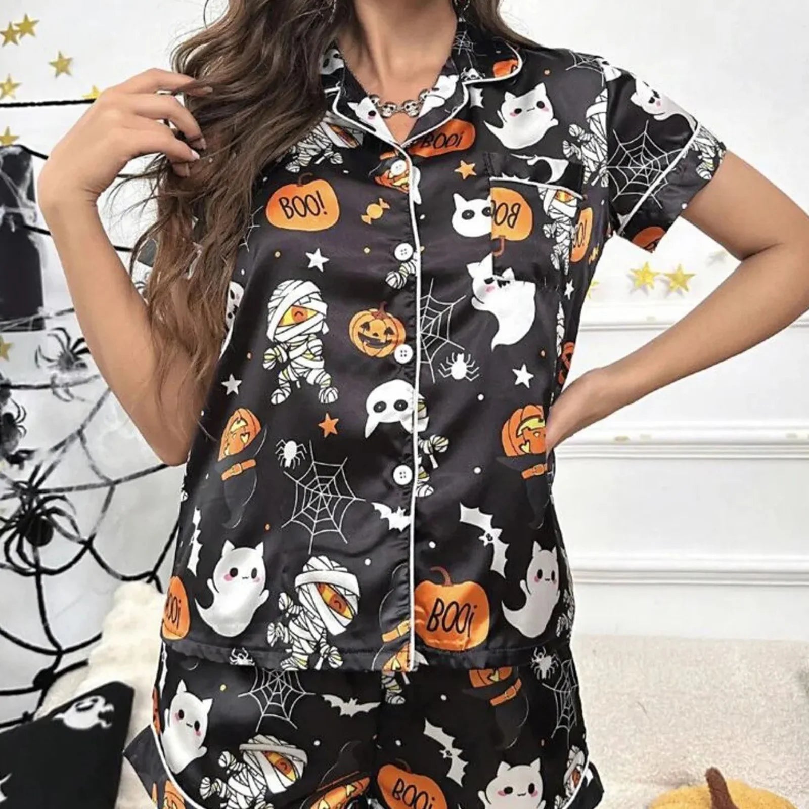 Women Halloween Satin Pajama Set Ghost Pumpkin Print Short Sleeve Button Closure Top with Shorts 2 Pieces Sleepwear Loungewear