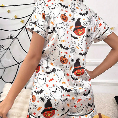 Women Halloween Satin Pajama Set Ghost Pumpkin Print Short Sleeve Button Closure Top with Shorts 2 Pieces Sleepwear Loungewear