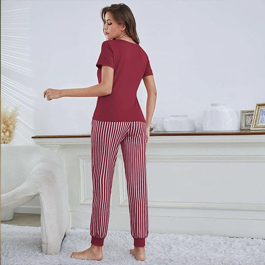 Women'S Pajamas New Design Short-Sleeved Striped Trousers Two-Piece Elegant Casual Home Wear Suit